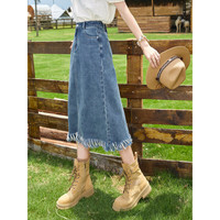 百图betu女装半身裙复古流苏高腰开叉牛仔半身裙女2307T54 牛仔色 S