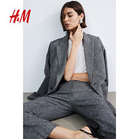 H&M HM女装裤子夏季时尚休闲格雷系直筒阔腿高腰西裤1191214