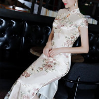 杜艳枝(DuYanzhi)旗袍连衣裙女今年时尚高腰夏季短袖A字裙子中长款休闲ins 香槟色 XL 110-120斤