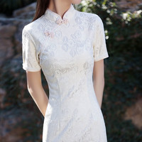 杜艳枝(DuYanzhi)国潮旗袍夏季小个子少女日常小清新中国风改良连衣裙 浅杏色 XL 110-120