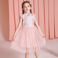 ASK junior 女童六一儿童表演连衣裙2024夏儿童裙子绣花无袖网纱汉服裙