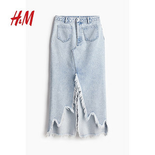 H&M2024夏季新款女装时尚休闲百搭毛边下摆牛仔半身裙1240194 浅牛仔蓝 1