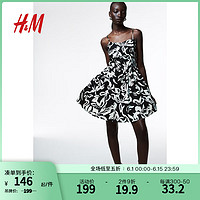 H&M女装2024夏季喇叭裙摆棉质连衣裙1231427 黑色/花卉 160/88