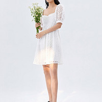 WESTLINK 西遇 泡泡袖连衣裙2024年夏季新款小众简约方领法式气质温柔风小裙子 白色 S