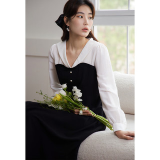 独束大码女装赫本风气质撞色拼接连衣裙春季微胖mm显瘦A字裙 玛瑙黑 4