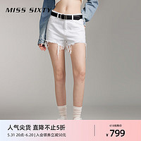 MISS SIXTY 2024夏季白色牛仔短裤女高腰磨破洞拉须显瘦直筒 白色 26