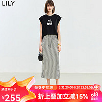 LILY2024夏女装复古时尚条纹松紧腰显瘦垂坠感气质直筒半身裙 601白色 S