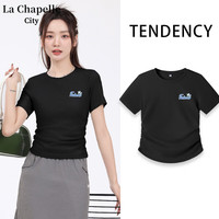 La Chapelle City拉夏贝尔褶皱正肩紧身短款T恤2024夏季百搭文艺通勤女装上衣 黑-油画拼图K L
