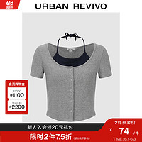 UR2024夏季女装潮流假两件系绳挂脖修身短袖T恤UWV440212 花灰 XL