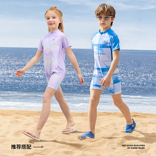 迪士尼（Disney）男女童短袖泳衣UPF50连体抗菌泳帽游泳套装2024六一儿童节 紫色柔雾 130