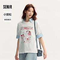 Semir 森马 短袖T恤女设计感印花白色宽松2024夏季新款小众甜美粉色上衣