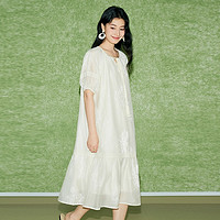 百家好 新中式刺绣连衣裙夏季新款泡泡短袖白色长裙子