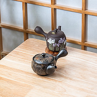 美浓烧 日本进口纯手工手刻枫叶紫泥常滑烧侧把茶壶
