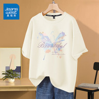 真维斯(JEANSWEST)时尚短袖t恤女可爱甜美学院女装ins风夏季纯棉宽松上衣服 米色 淡彩蝴蝶 L