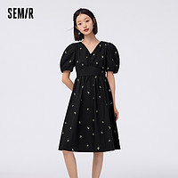 Semir 森马 连衣裙泡泡袖V领收腰优雅气质夏季小众森系重工绣花中长裙