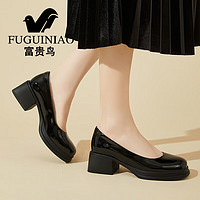 FYGUINIAO 富贵鸟 玛丽珍鞋女羊皮中跟粗跟漆皮单鞋女鞋子 FN0235/1088 黑色 36