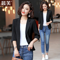 晨芙休闲小西装外套女春夏时尚气质短款七分袖薄款小个子西服修身上衣 黑色西装 S码（适合重80-90）