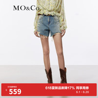 MO&Co.2024夏复古洗褪手磨破洞中腰棉质牛仔短裤MBD2SOT003 牛仔浅蓝色 26/S
