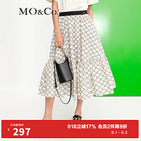 MO&Co.春季老花logo橡筋高腰半身裙蛋糕裙MBB1SKT022摩安珂 白底字母花 M/165