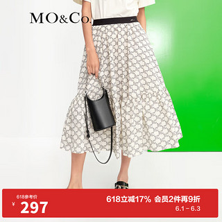 MO&Co.春季老花logo橡筋高腰半身裙蛋糕裙MBB1SKT022摩安珂 白底字母花 XL/175