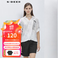 S.DEERsdeer圣迪奥女装夏V领白色条纹不规则摆五分袖女式衬衫S19260405 漂白/90 M/165