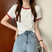 H 撞色圆领短袖T恤女2024新款夏季打底衫女韩版学生修身短款上衣Ins 白色 M