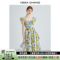 VEGA CHANG法式碎花连衣裙女2024年夏宫廷风显瘦吊带茶歇长裙 油画绿 S