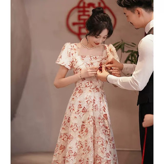 麦斯贝思（MAISIBEISI）敬酒服新娘酒红碎花平时可穿订婚礼服回门洋装法式连衣裙 花色 L  106-113斤