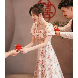 麦斯贝思（MAISIBEISI）敬酒服新娘酒红碎花平时可穿订婚礼服回门洋装法式连衣裙 花色 L  106-113斤