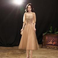 莫夏桑结婚穿的礼服连衣裙香槟色晚女2024宴会气质长款高端名媛 金色中长款 M