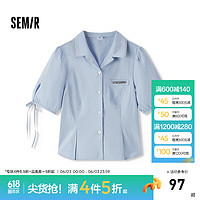 森马（Semir）短袖衬衫女短款泡泡袖蝴蝶结甜美俏皮少女感秋季纯棉衬衣时尚 冰蓝80900 S 155/80A