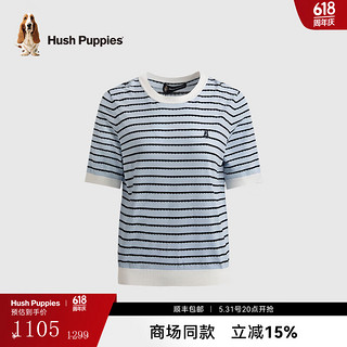 Hush Puppies暇步士女装条纹弹力舒适短袖圆领衫 浅水蓝 L