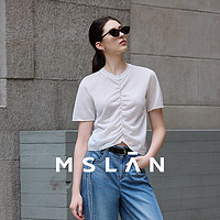 MSLAN 2024年夏季新款圆领串珠轻盈上衣柔软卷边短袖针织套衫女 米白 S