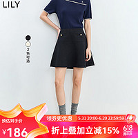 LILY2024夏季学院风斜纹挺阔波浪下摆撞色精致金属扣俏皮短裙 510黑色 S