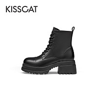 88VIP：KISSCAT 接吻猫 2023冬季新款休闲厚底真皮短筒靴圆头加绒马丁靴女