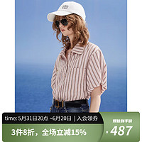 唐可娜儿（DKNY）2024春夏女亮丝翻领粉色竖条纹花苞袖短袖衬衫女装 浅粉红 M(160/84A)