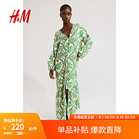 H&M女装连衣裙2024夏季V领腰部系带绉织灯笼长袖长裙1226566 绿色/图案 160/88