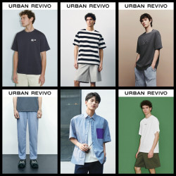 URBAN REVIVO 条纹棉质宽松衬衫*1+洗水猫须薄牛仔裤*1+潮流T恤*4件