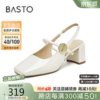 BASTO 百思图 24夏亮面粗跟方头后空女一字带玛丽珍凉鞋M0310BH4 米色 36