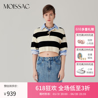 摩萨克2024夏新款棉粗条纹polo翻领衬衫领针织短袖女 条黑