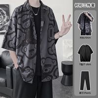 杭潮社三件套】衬衫套装男装帅气夏季休闲短袖套装男潮牌搭配衬衫男 小熊黑色+九分裤黑+黑T恤 XL【下单项链】