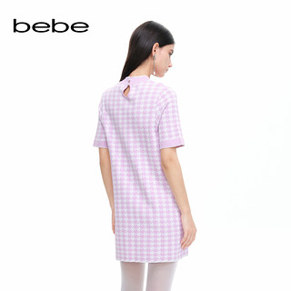 bebe夏季系列女士圆领宽松千鸟格针织连衣裙230901 紫色 M
