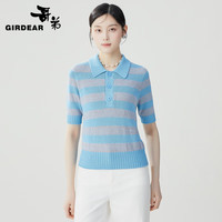 哥弟【GD】3D无缝一线成衣 条纹拼色Polo短袖针织T恤衫女1399718 蓝色 S (2码)
