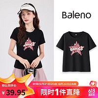 Baleno 班尼路 短袖t恤女美式复古上衣设计感小众2024夏季修身女装潮 黑-星星拼贴 M