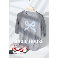 百家好（Basic House）绵羊毛圆领针织衫女夏季甜美风蝴蝶结短袖上衣-B0624H5N182