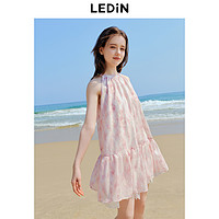 LEDIN 乐町 山茶少女挂脖连衣裙24年夏季新款粉色晕染碎花短裙A版娃娃裙