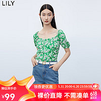 LILY【专柜甄选】女装别致印花复古方领雪纺衫小上衣女 306中绿 XS