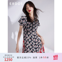 ERDOS 春夏西府海棠满印图案V领真丝泡泡袖女茶歇连衣裙 黑 1