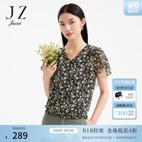 玖姿(JUZUI)商场同款印花雪纺衫女装夏季新款短袖JWCX80342 花黑