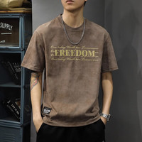 潮天士夏季新款高端印花圆领短袖T恤男重磅纯棉半袖复古云染体恤上衣潮